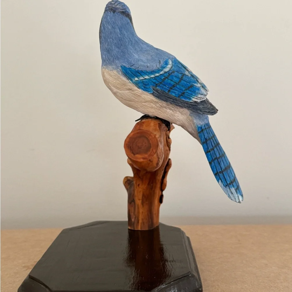 Source Unknown Hand-Painted Blue and White Jay Figurine on Wood Perch